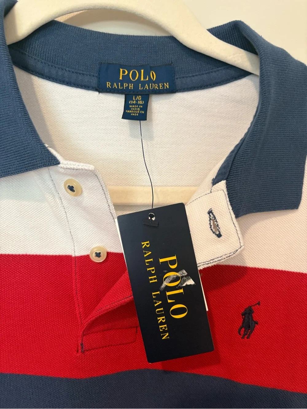 NWT Polo Ralph Lauren Red Navy Blue Striped Polo Cotton Golf Preppy 14-16 L